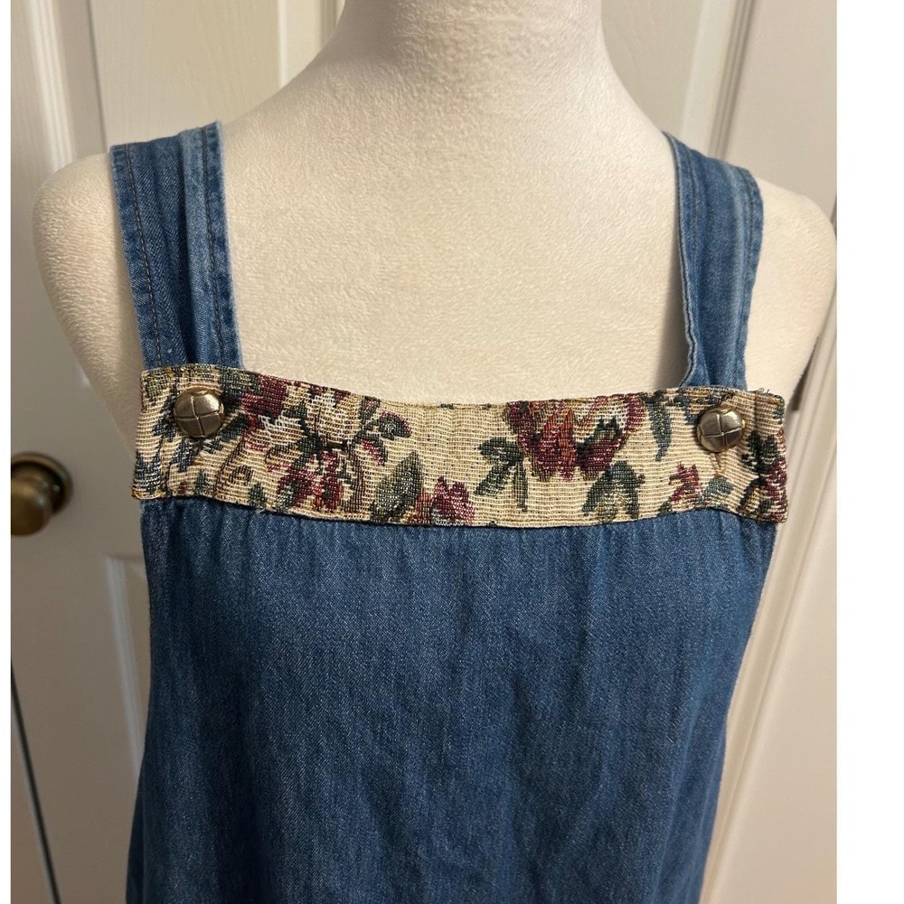 Vintage‎ 90s Denim Jean boho folk bib dress overall 12 USA tapestry midi cotton